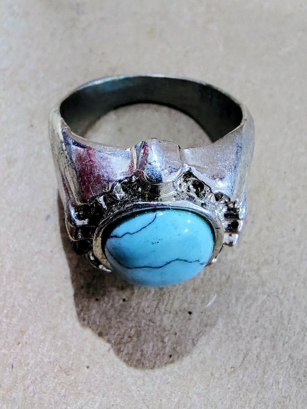 Turquoise Stone Silver Toned Ring - Blue Gemstone Statement Ring Costume Size 9
